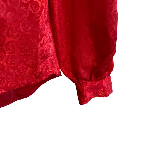 Vintage 70s Red Satin Roses Floral Shimmering Bishop Sleeve Blouse Size large - Picture 11 of 16
